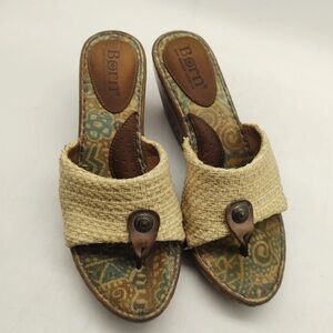 Born Vintage Tweed Raffia Wedge Platform Thong Sandal Shoes Womens Size 8